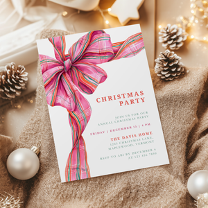 Pink Christmas Plaid Bow Christmas Party Invitation L56