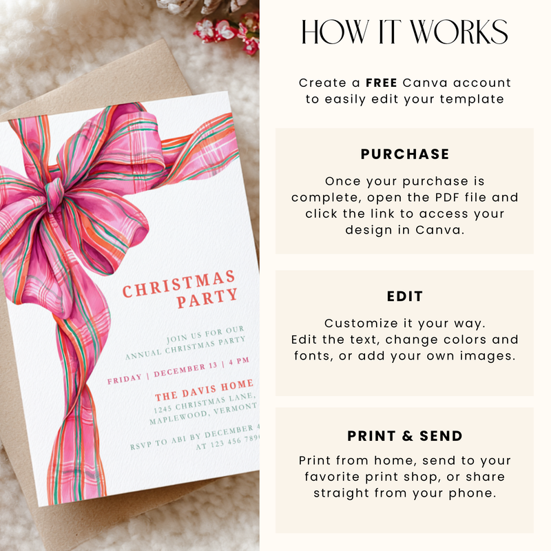 Pink Christmas Plaid Bow Christmas Party Invitation L56
