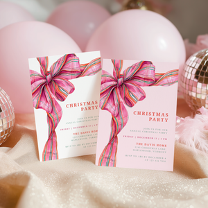 Pink Christmas Plaid Bow Christmas Party Invitation L56