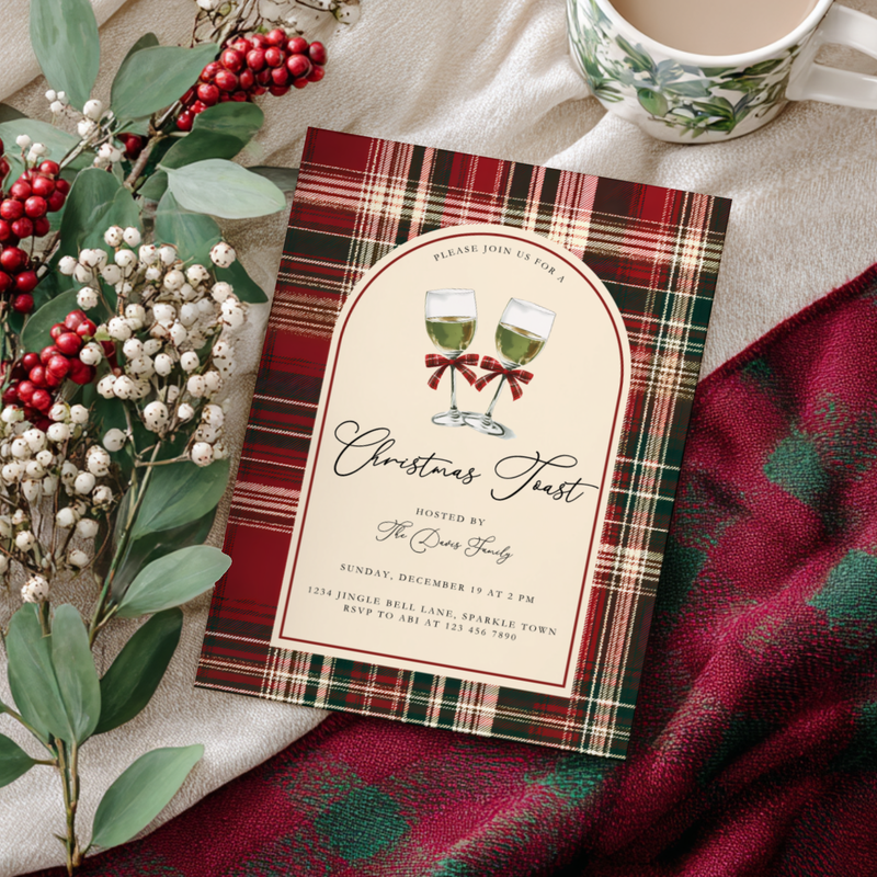Toast To Christmas Party Invitation Classic Plaid L68