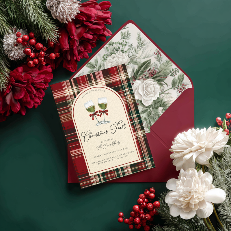 Toast To Christmas Party Invitation Classic Plaid L68