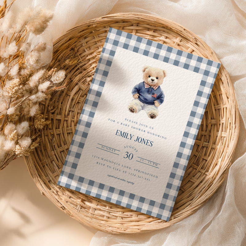 Baby Shower Invitation - Polo Bear Plaid Template in Vintage Ralph Lauren Style BS220