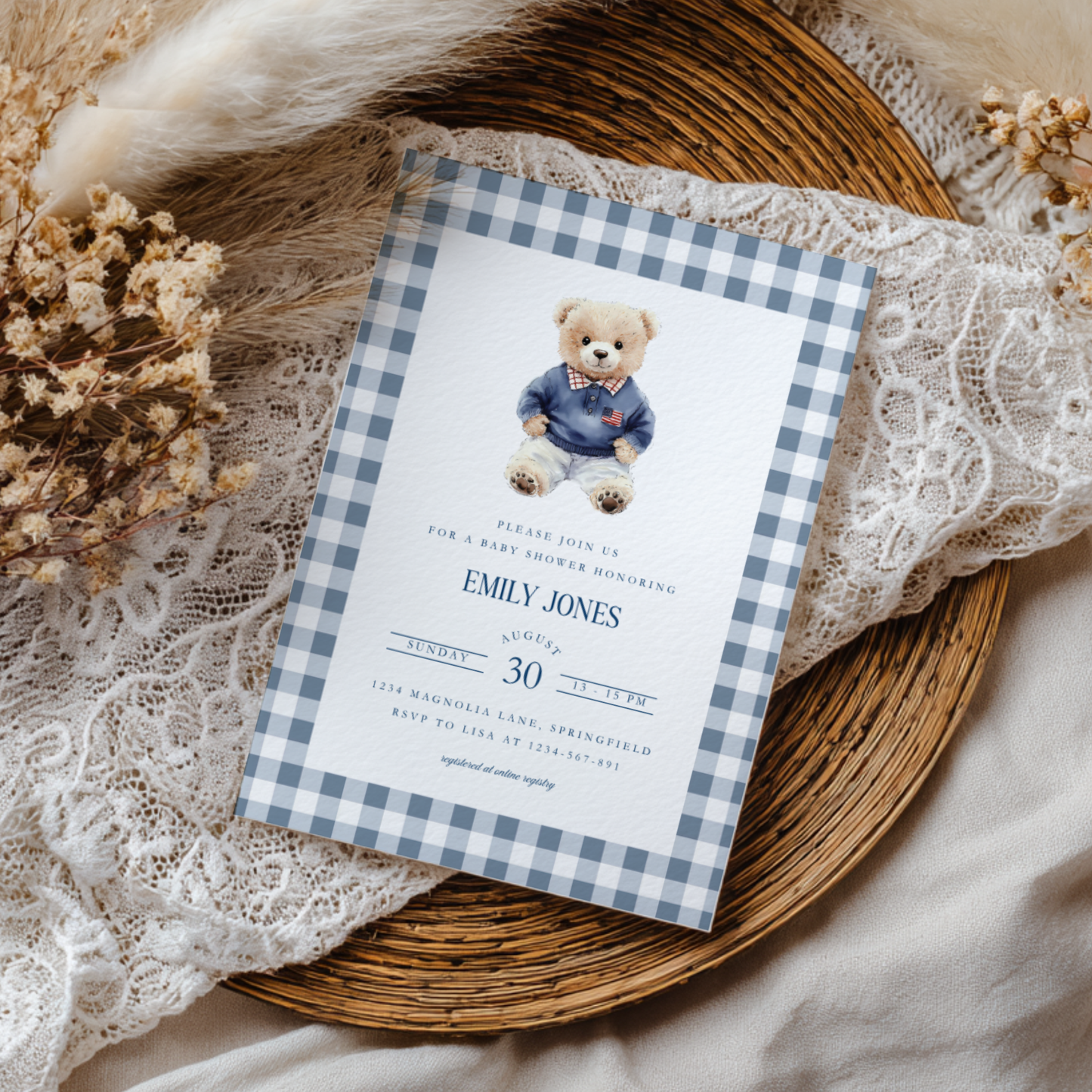Baby Shower Invitation - Polo Bear Plaid Template in Vintage Ralph Lauren Style BS220