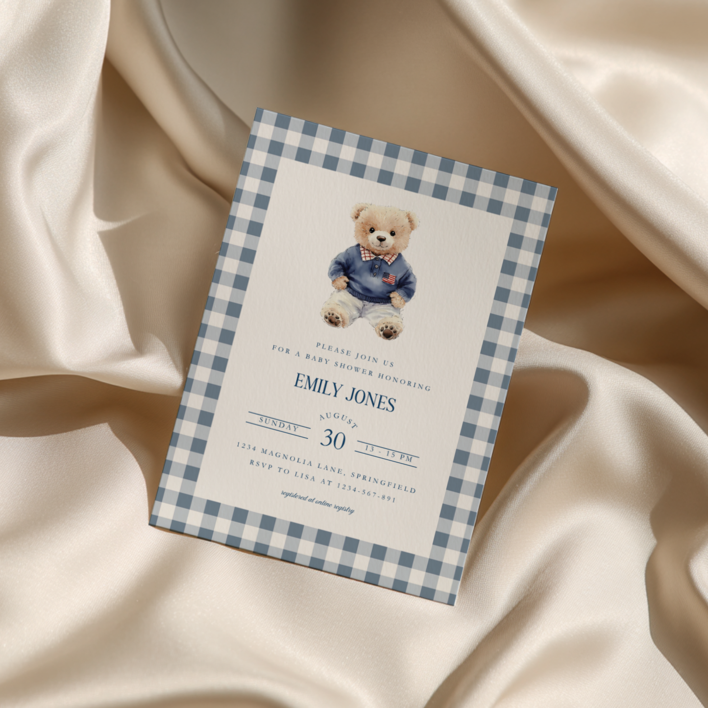 Baby Shower Invitation - Polo Bear Plaid Template in Vintage Ralph Lauren Style BS220