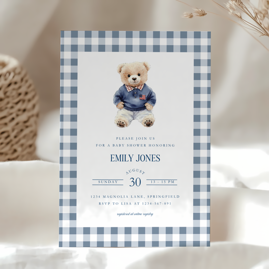 Baby Shower Invitation - Polo Bear Plaid Template in Vintage Ralph Lauren Style BS220