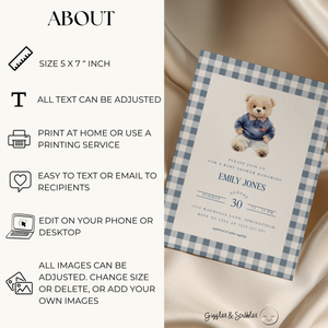 Baby Shower Invitation - Polo Bear Plaid Template in Vintage Ralph Lauren Style BS220