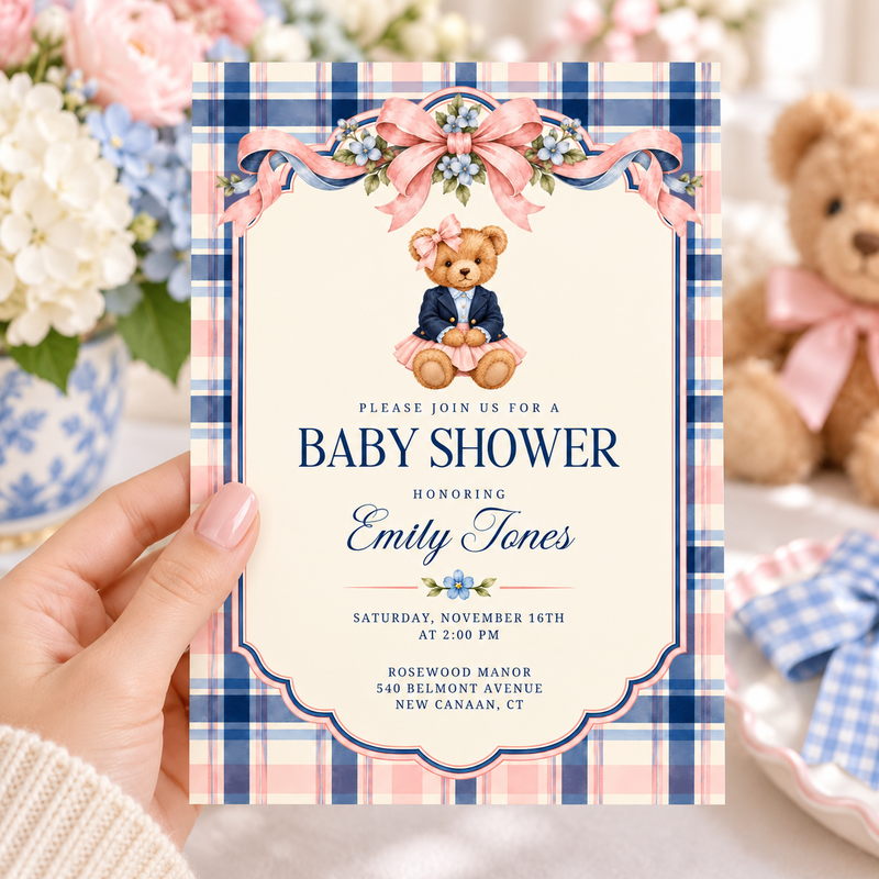 Preppy Polo Bear Girl Baby Shower Invitation BS341