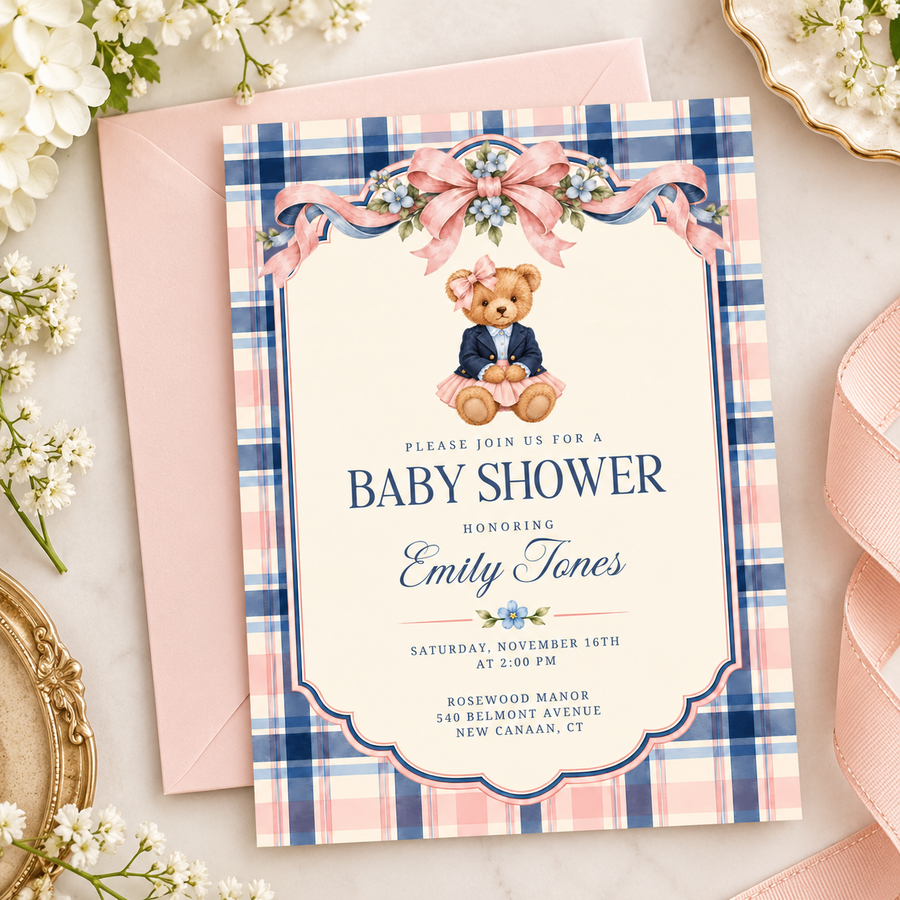 Preppy Polo Bear Girl Baby Shower Invitation BS341