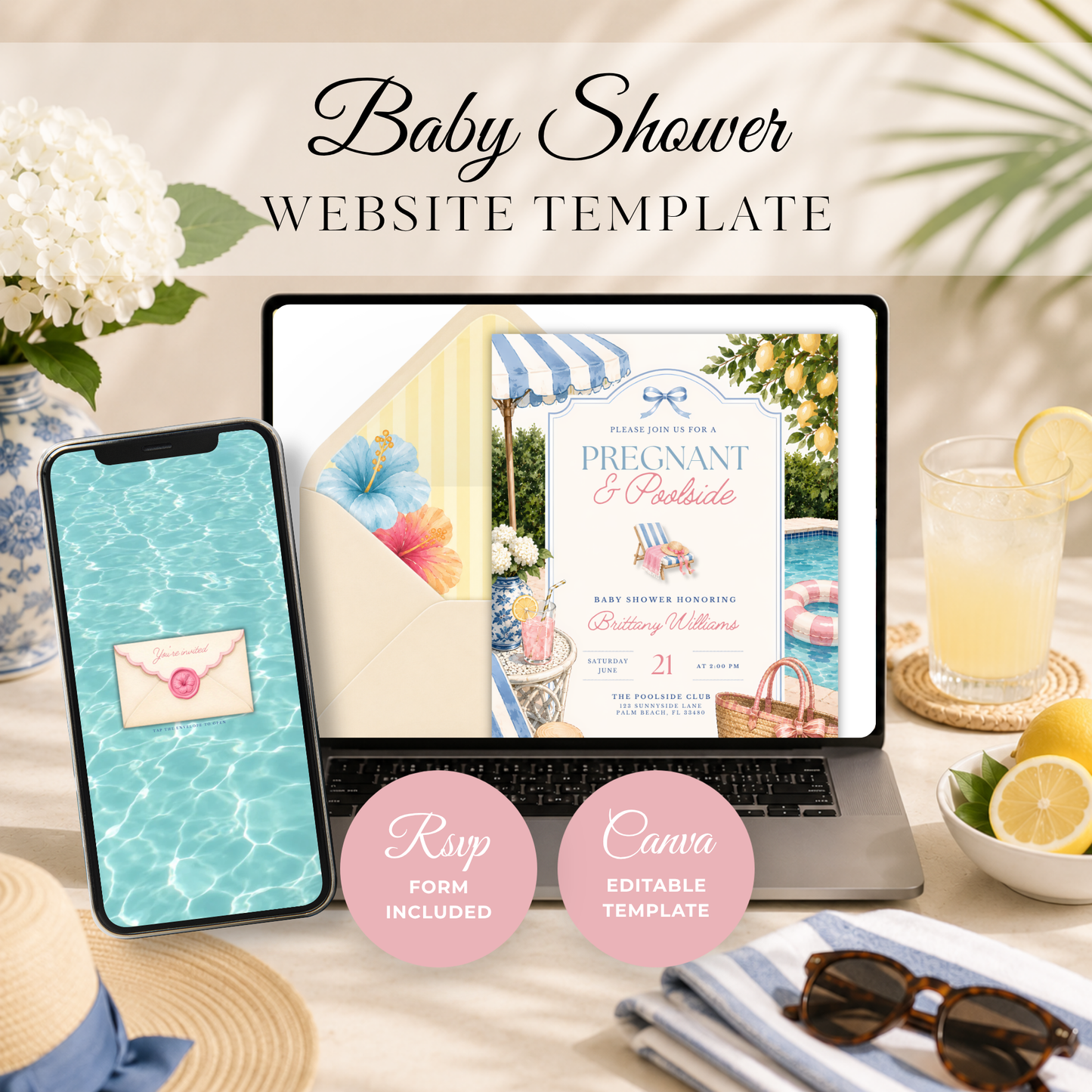 Pregnant & Poolside Baby Shower Invitation Website with RSVP BS309