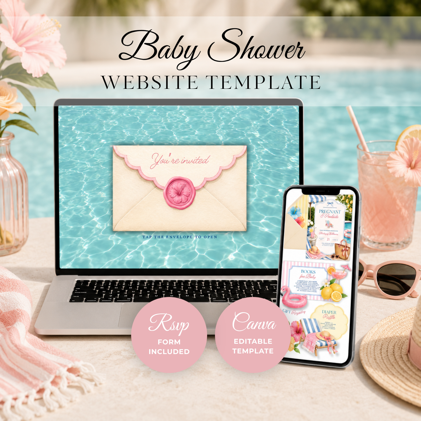 Pregnant & Poolside Baby Shower Invitation Website with RSVP BS309