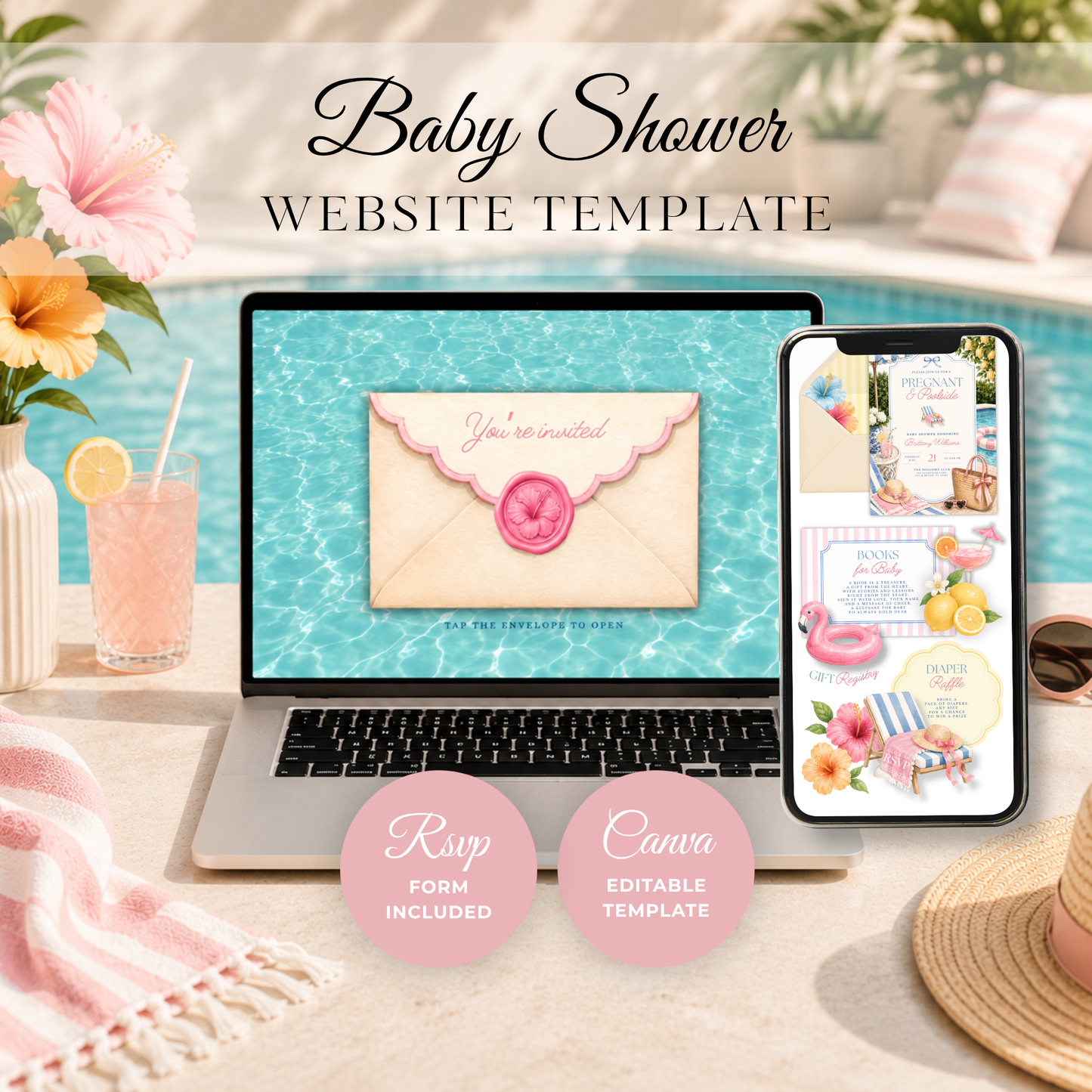 Pregnant & Poolside Baby Shower Invitation Website with RSVP BS309