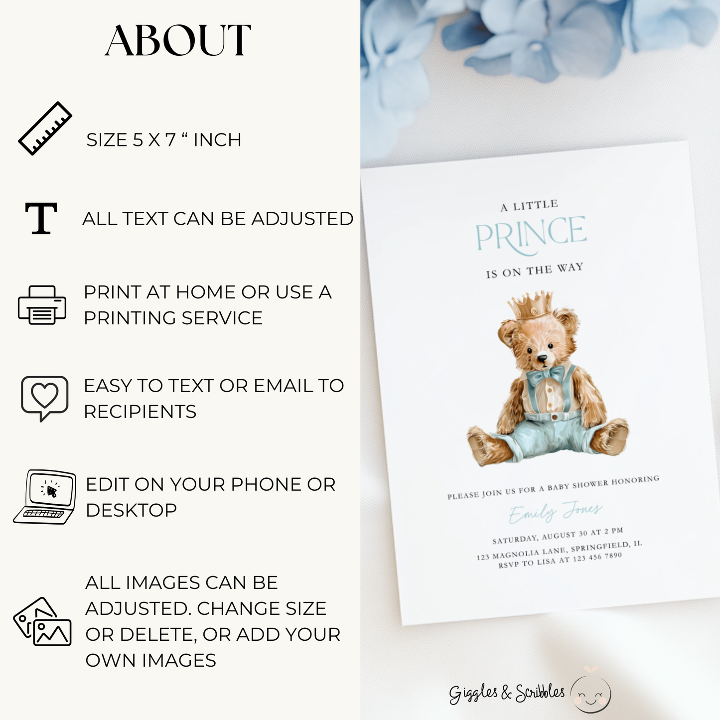 Little Prince Teddy Bear Baby Shower Invitation BS294