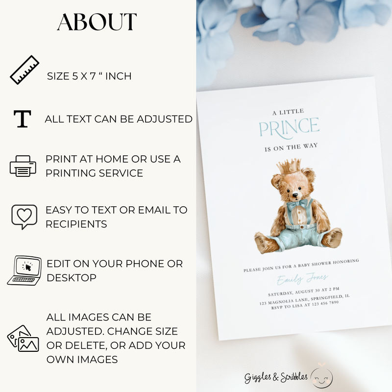 Little Prince Teddy Bear Baby Shower Invitation BS294