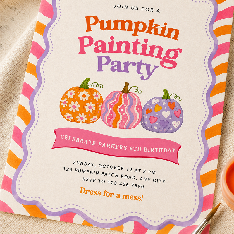 Pumpkin Painting Party Invitation - Fall Craft Party Invite L64