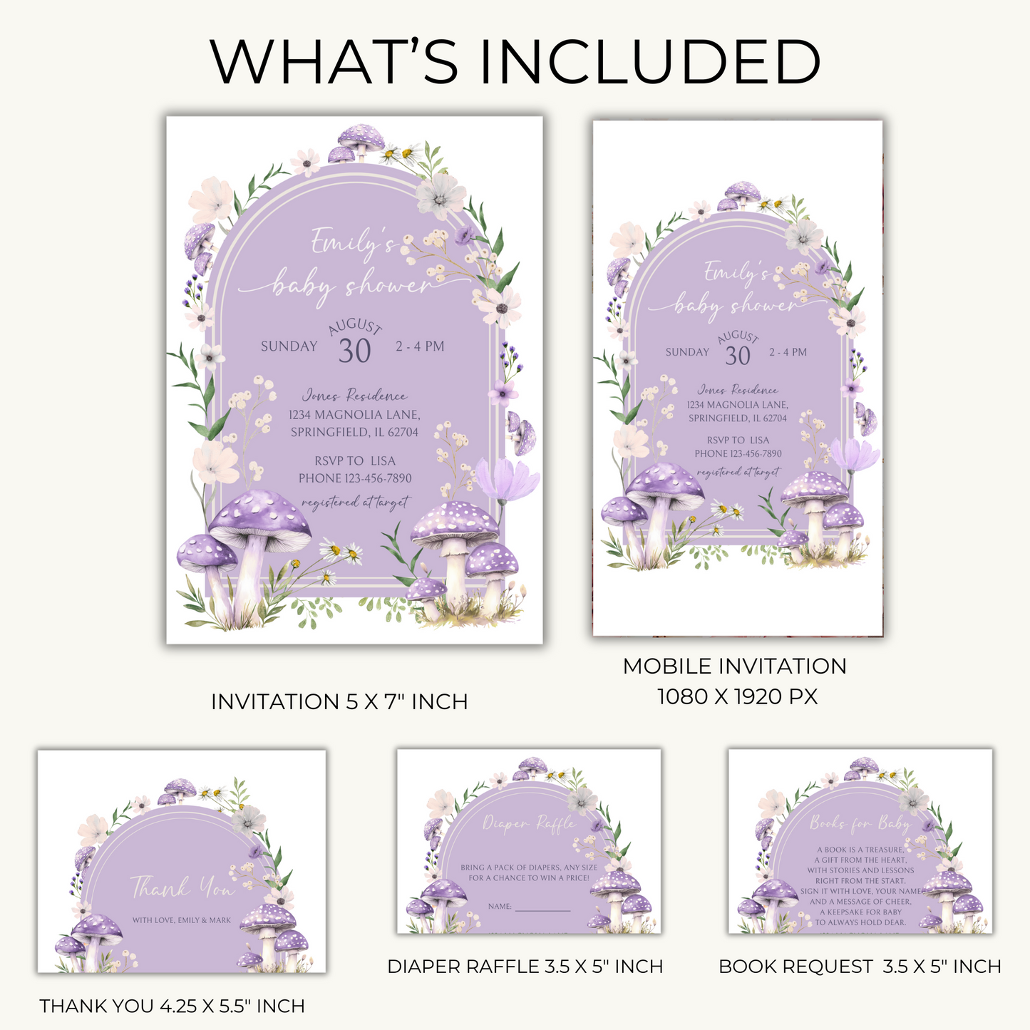 Baby Shower Invitation Bundle - Purple Mushroom Woodland Forest BS82