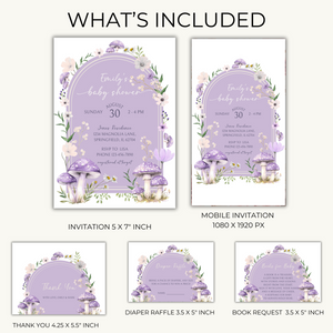 Baby Shower Invitation Bundle - Purple Mushroom Woodland Forest BS82