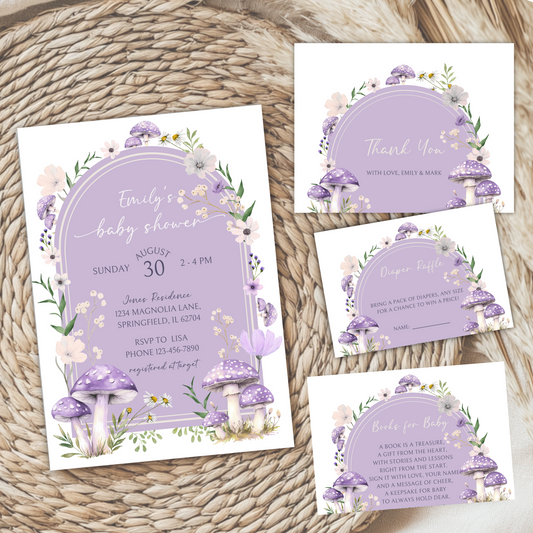 Baby Shower Invitation Bundle - Purple Mushroom Woodland Forest BS82