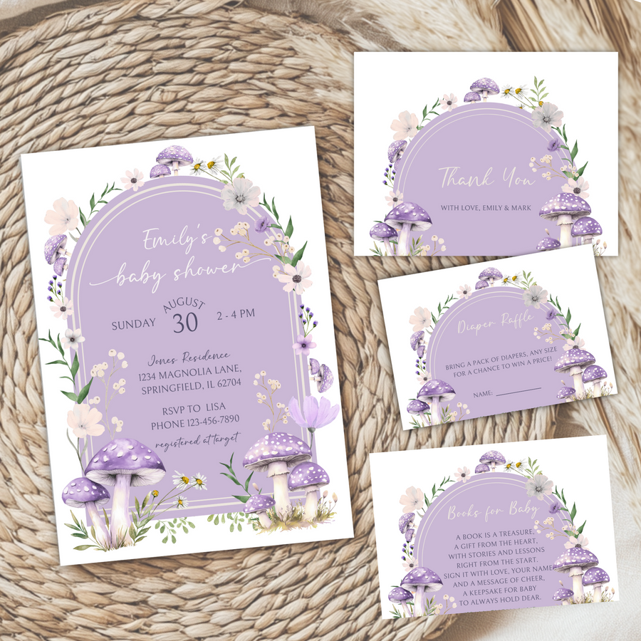 Baby Shower Invitation Bundle - Purple Mushroom Woodland Forest BS82