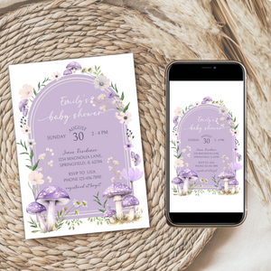 Baby Shower Invitation Bundle - Purple Mushroom Woodland Forest BS82