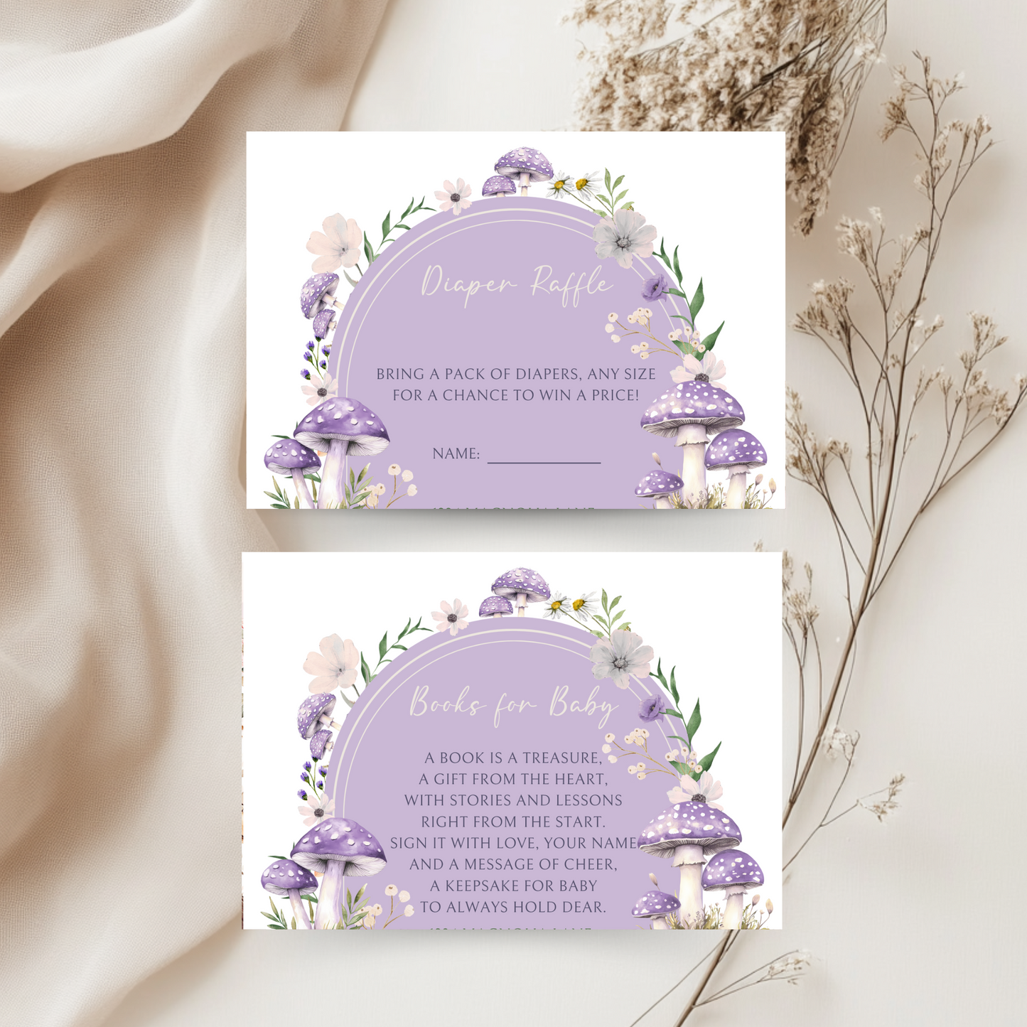 Baby Shower Invitation Bundle - Purple Mushroom Woodland Forest BS82
