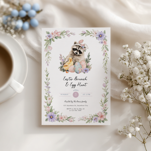 Easter Brunch & Egg Hunt Invitation with Raccoon and Chick L105