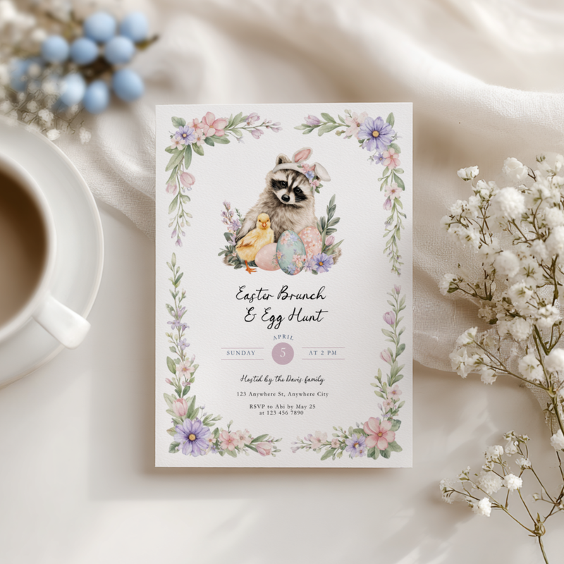 Easter Brunch & Egg Hunt Invitation with Raccoon and Chick L105