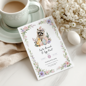 Easter Brunch & Egg Hunt Invitation with Raccoon and Chick L105