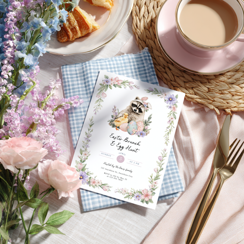 Easter Brunch & Egg Hunt Invitation with Raccoon and Chick L105