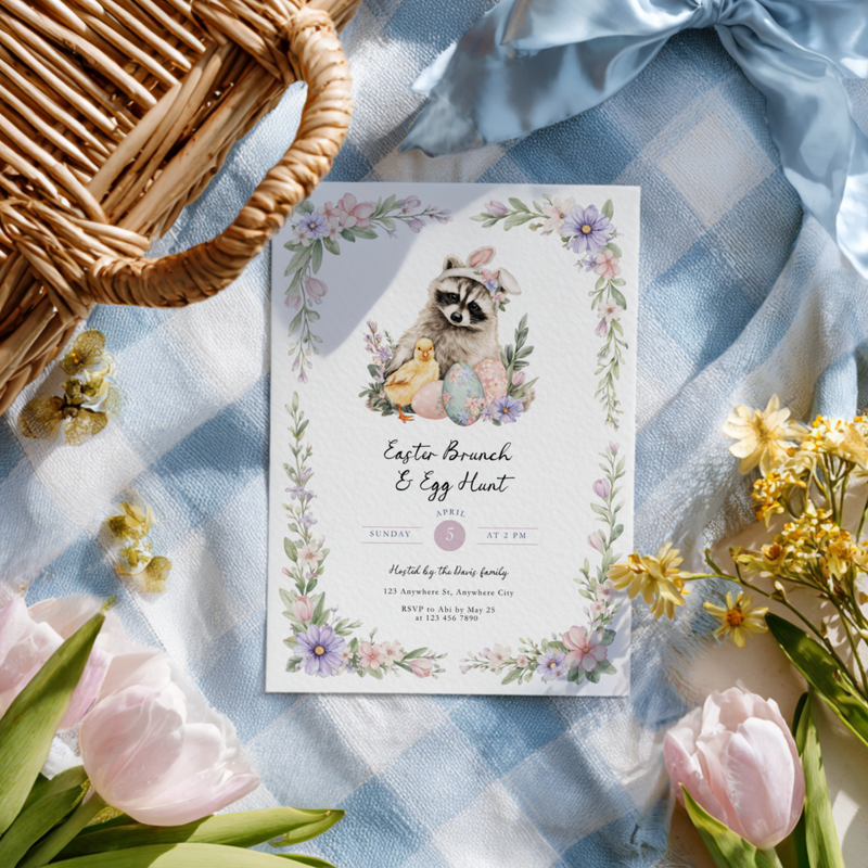 Easter Brunch & Egg Hunt Invitation with Raccoon and Chick L105