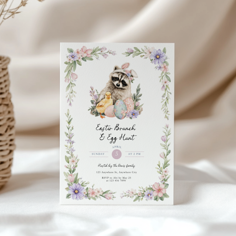 Easter Brunch & Egg Hunt Invitation with Raccoon and Chick L105