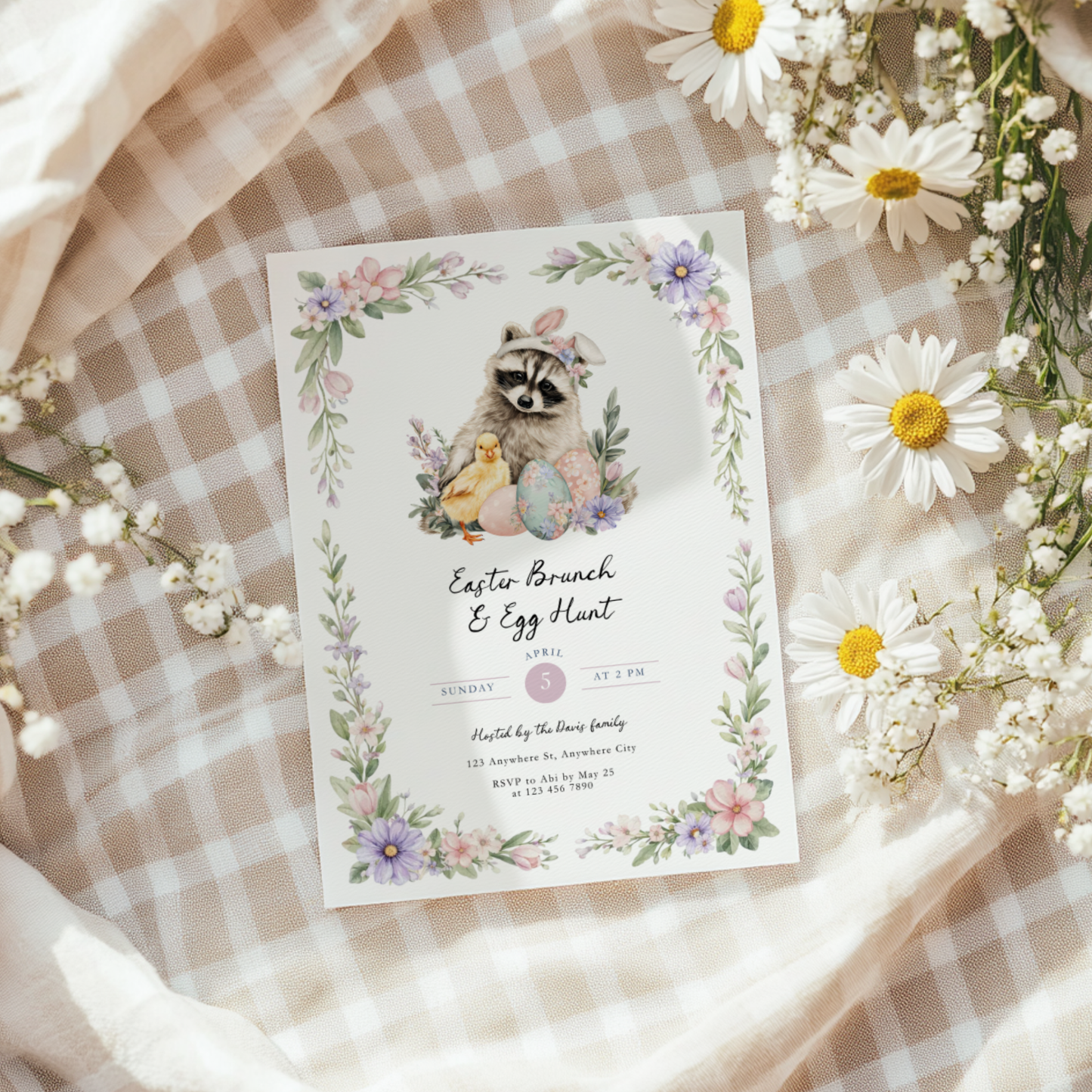 Easter Brunch & Egg Hunt Invitation with Raccoon and Chick L105