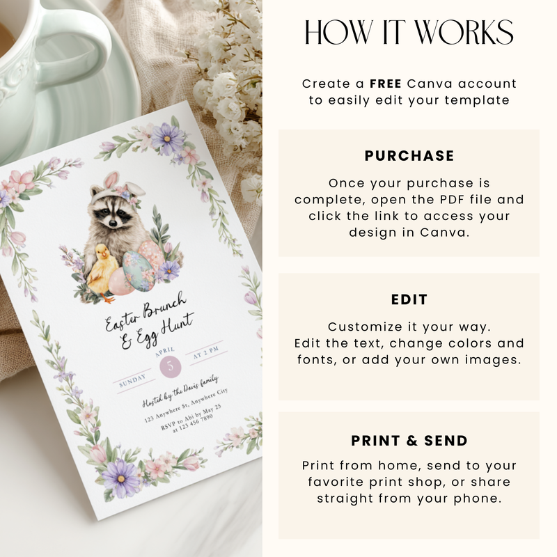 Easter Brunch & Egg Hunt Invitation with Raccoon and Chick L105