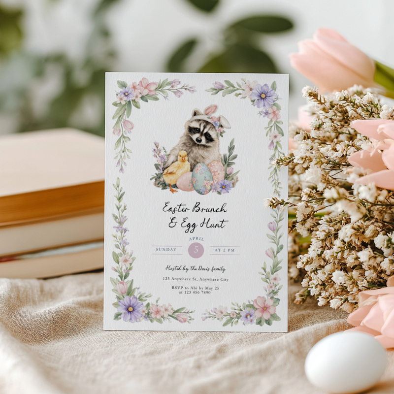 Easter Brunch & Egg Hunt Invitation with Raccoon and Chick L105