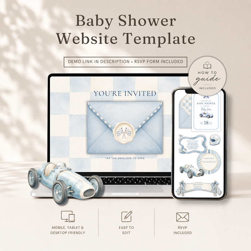 Racecar Baby Shower Website Invitation with RSVP Online Form BS320