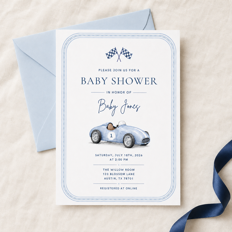 Vintage Race Car Baby Shower Invitation BS320