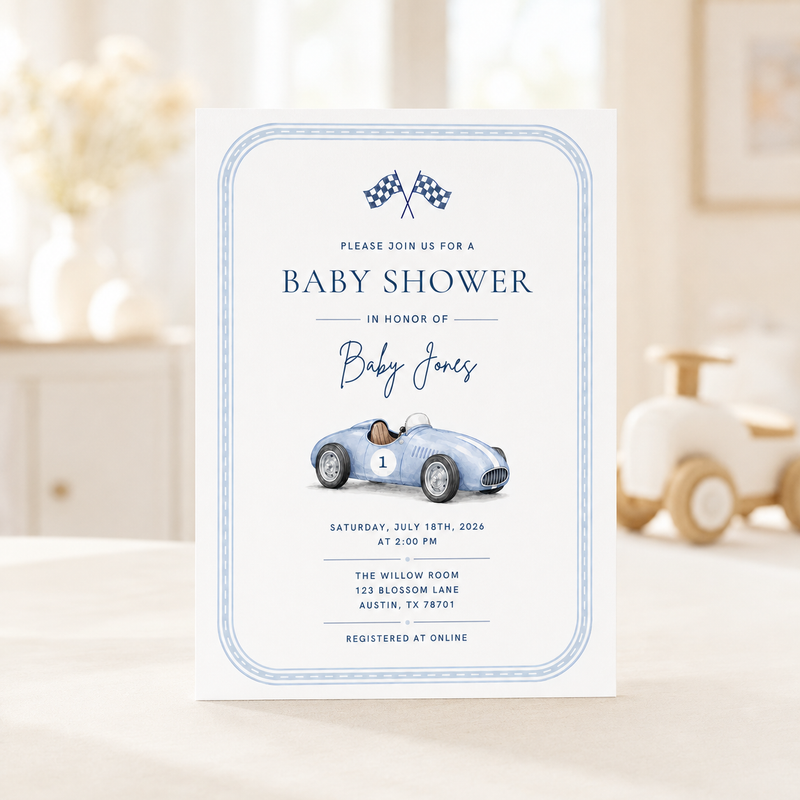 Vintage Race Car Baby Shower Invitation BS320