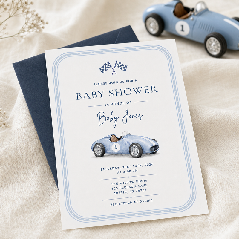 Vintage Race Car Baby Shower Invitation BS320
