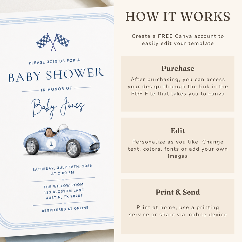 Vintage Race Car Baby Shower Invitation BS320