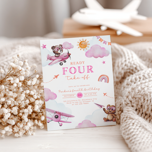 Ready Four Take Off 4th Birthday Invitation Girl L71