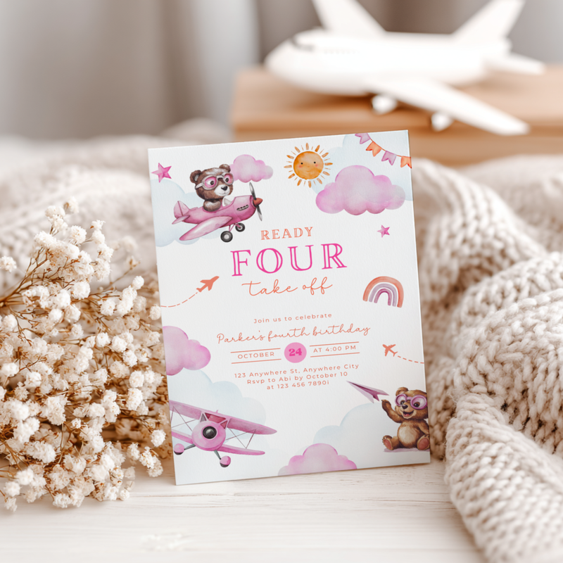 Ready Four Take Off 4th Birthday Invitation Girl L71