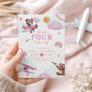 Ready Four Take Off 4th Birthday Invitation Girl L71