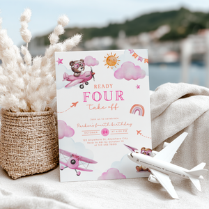 Ready Four Take Off 4th Birthday Invitation Girl L71