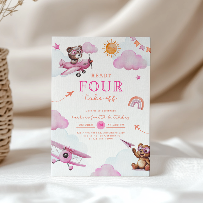 Ready Four Take Off 4th Birthday Invitation Girl L71