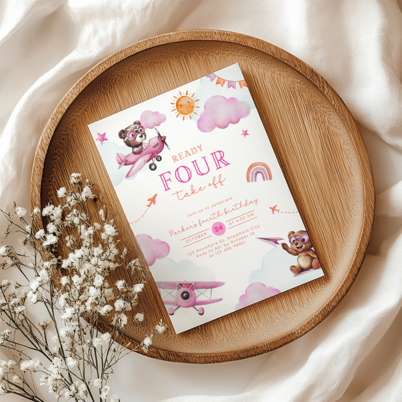 Ready Four Take Off 4th Birthday Invitation Girl L71