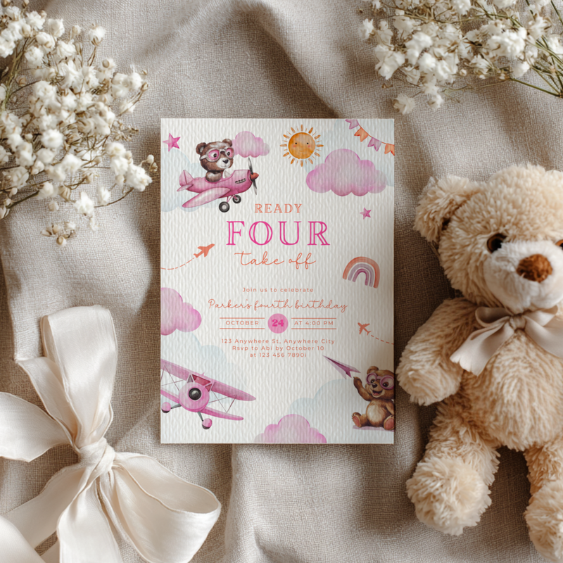 Ready Four Take Off 4th Birthday Invitation Girl L71