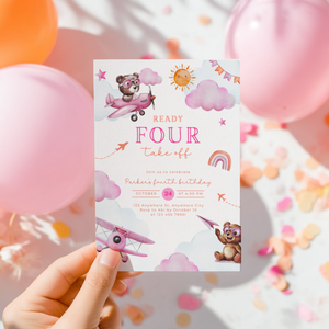 Ready Four Take Off 4th Birthday Invitation Girl L71