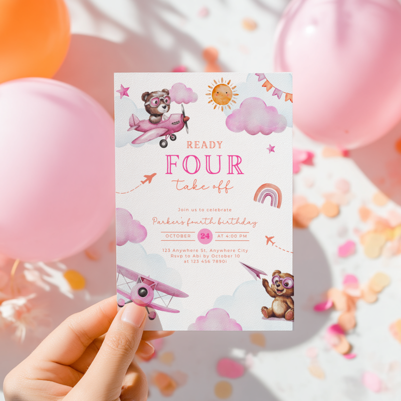 Ready Four Take Off 4th Birthday Invitation Girl L71