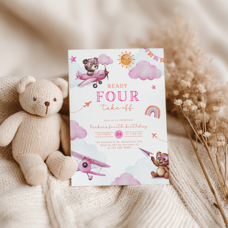 Ready Four Take Off 4th Birthday Invitation Girl L71