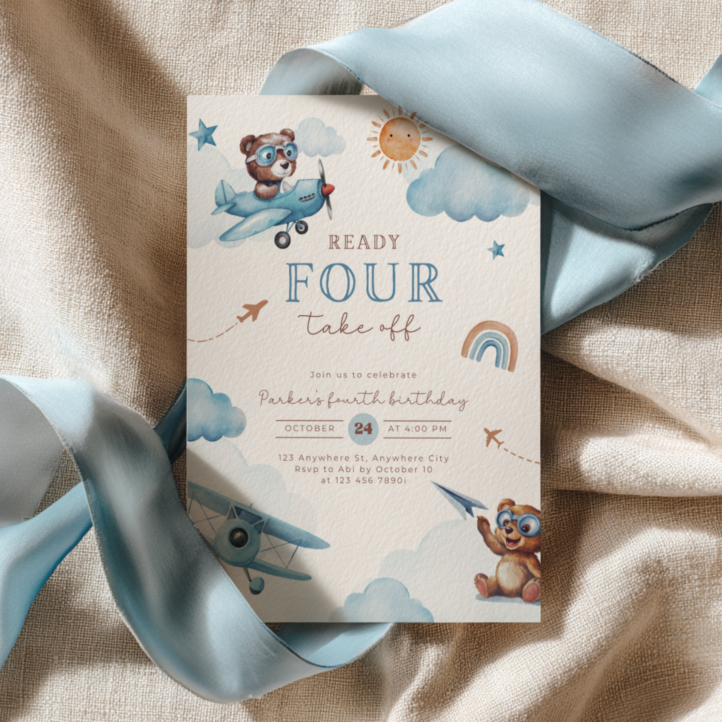 Ready Four Take Off 4th Birthday Invitation Boy L71