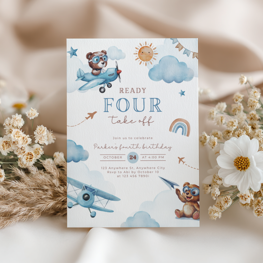 Ready Four Take Off 4th Birthday Invitation Boy L71